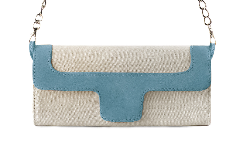 Women's natural beige and peacock blue luxurious elegant clutch for ceremonies, weddings and evenings out. - Profile view